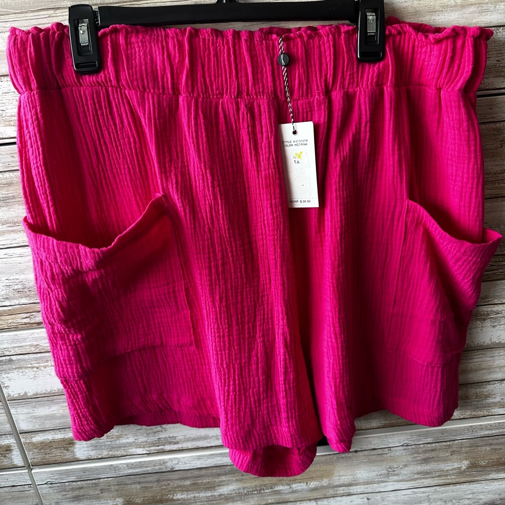 💖 NWT Kaktus Hot Pink Cotton Gauze Shorts 1X Pull On Beach Boho Pockets